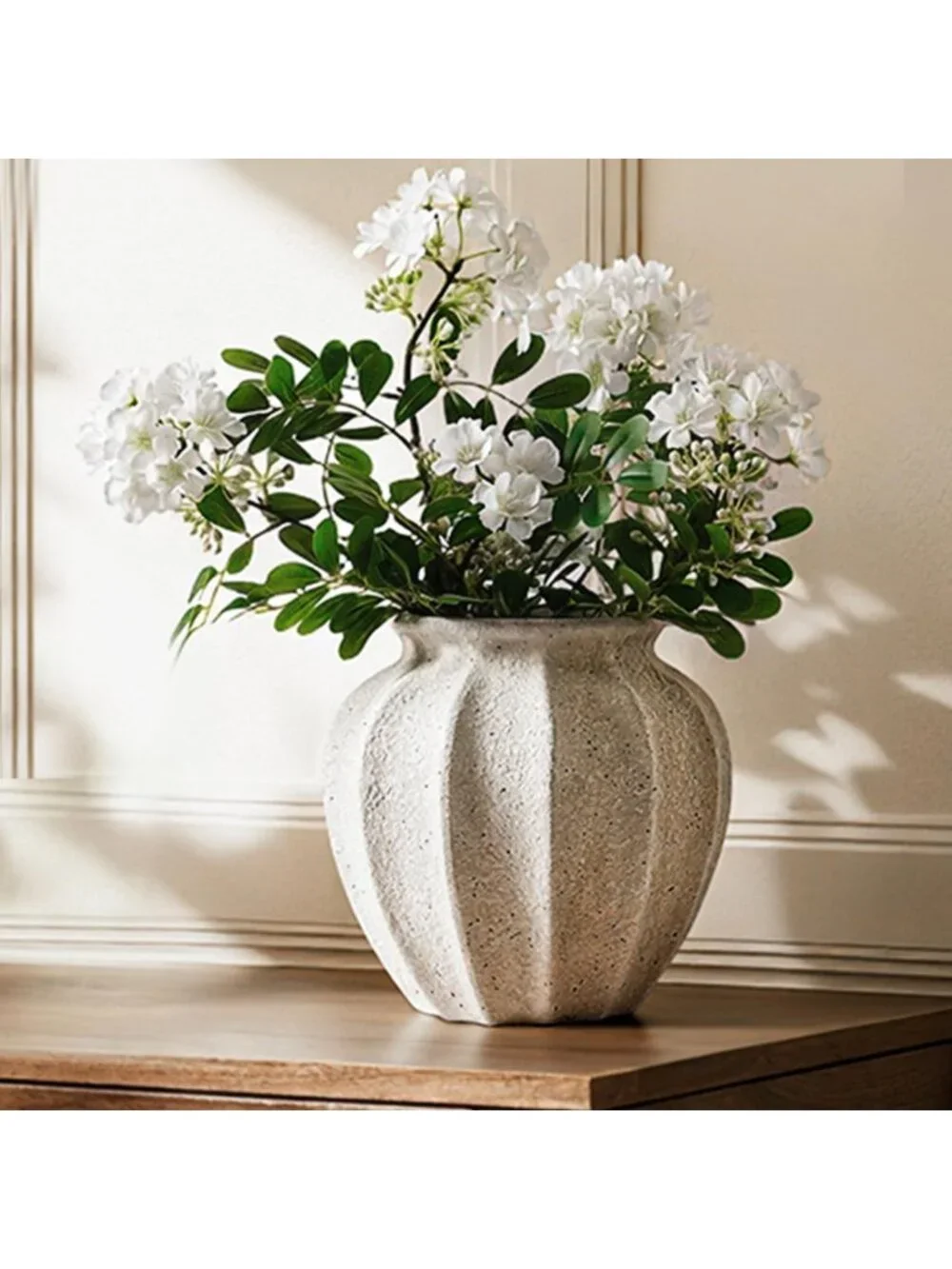 Textured White Ceramic Flower Vase, 9.3-Inch Rustic Home Decor Accent